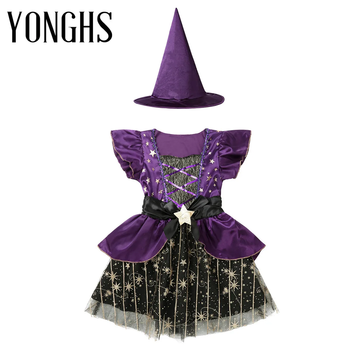 

Kids Girls Halloween Witch Cosplay Outfit Shiny Sequined Gilttering Stars Elastic Waistband Tutu Skirt with Pointed Hat Set