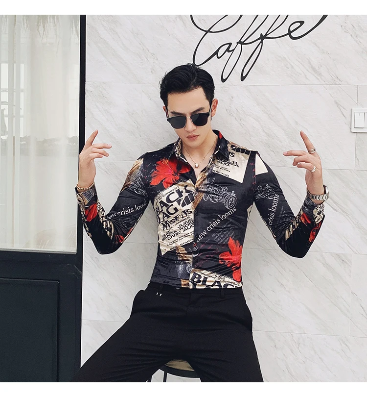 Бархатная рубашка с принтом Camisa Hanber2019 осень и зима новая мужская Клубная рубашка тонкая с длинными рукавами Мужская модная повседневная рубашка для выпускного вечера