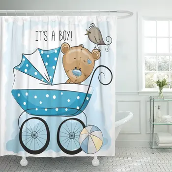 

Animated Its Boy Baby Carriage and Teddy Bear Babies Shower Curtain Waterproof Polyester Fabric 72 x 72 Inches Set with Hooks