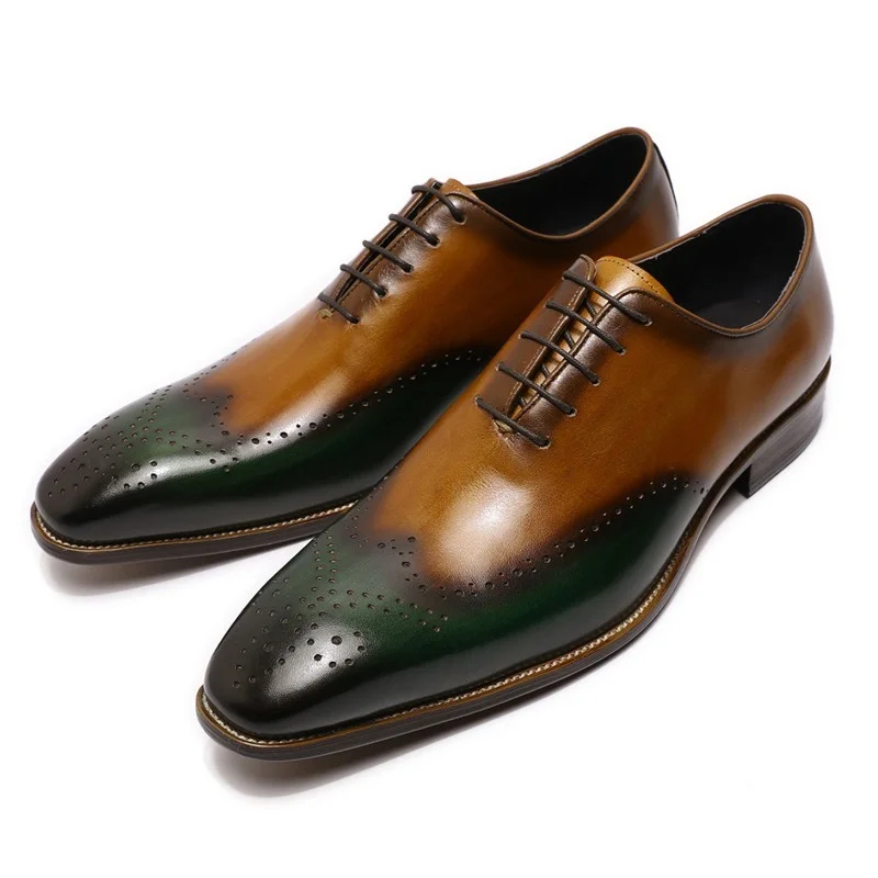 

Size 41-48Handmade Mens Wingtip Oxfords Green & Camel Genuine Calf Leather Classic Wedding Men Dress Shoes Business Formal Shoes