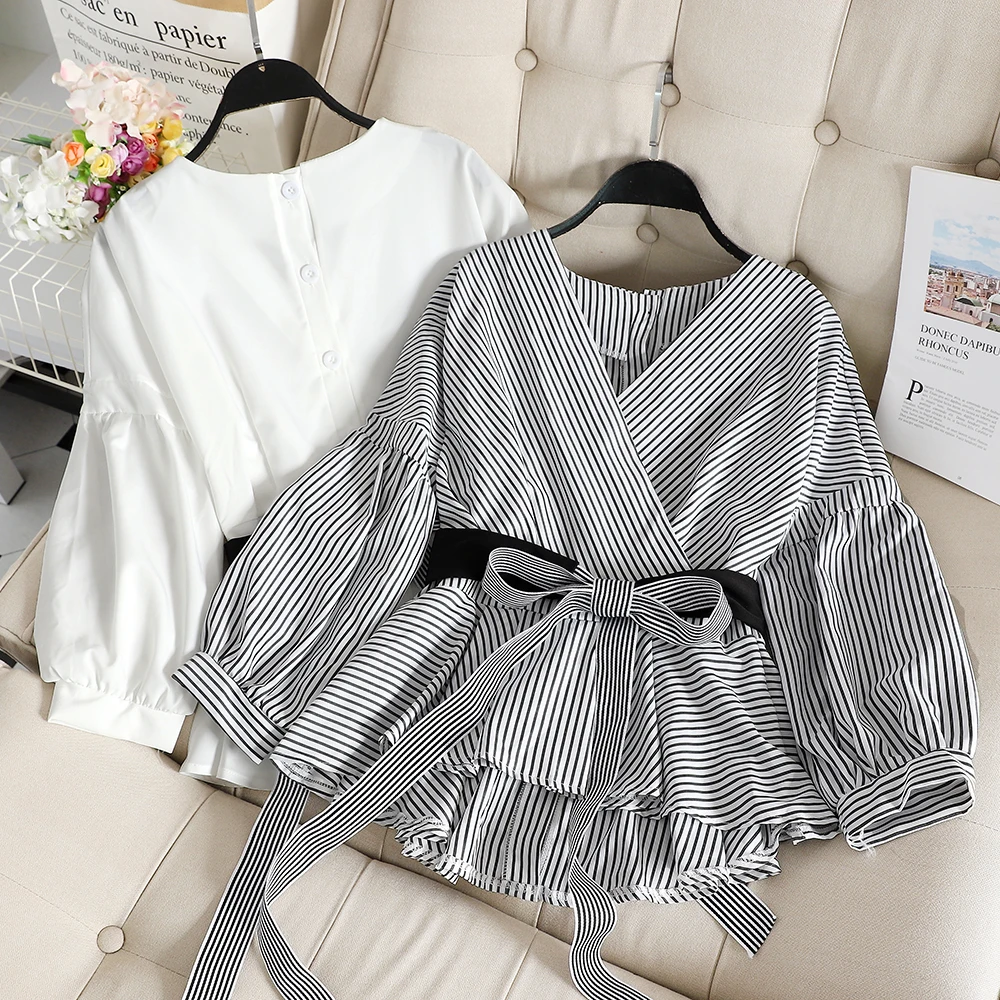 SINGRAIN White Office Lady Blouse Elegant Lantern Sleeves V-Neck Bow Blouse Autumn Sexy Women Striped Tops Blouse