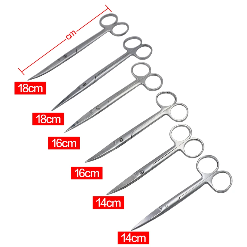 Tijeras quirúrgicas de acero inoxidable de 14cm/16cm/18cm, cabezal con punta curva recta, fórceps, herramientas médicas para clínica Dental
