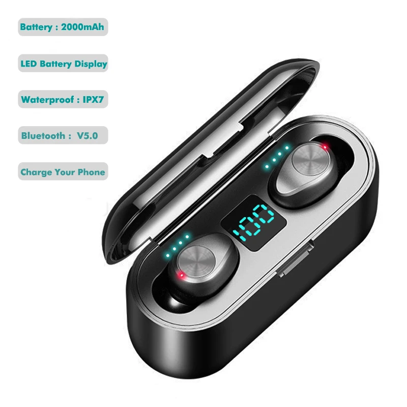 Беспроводные наушники Bluetooth F9 TWS 5.0 LED дисплей с внешним аккумулятором 2000 мА/ч