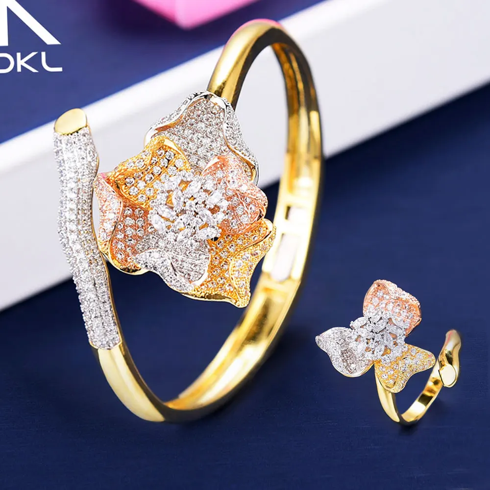 

GODKI Trendy Luxury Flower Cubic Zircon Crystal CZ Engagement Bangle Ring Sets For Women Wedding Bride DUBAI Bridal Jewelry Sets