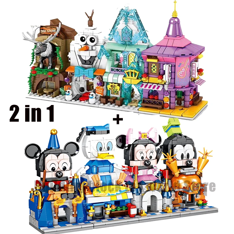 

2020 New Disney Cartoon Mini Frozen + Mickey Street View Castle Model Building Block Set Gifts for Children's Toy Girls