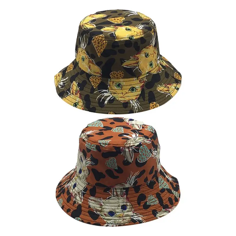 

Japanese Harajuku Unisex Summer Bucket Hat Cute Leopard Cat Printed Reversible Wide Brim Sunscreen Panama Fisherman Cap