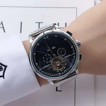 

2020 Skeleton watch men luxury Automatic self-wind silver case black dial Glass open back 1:1 leather strap AAA quality 21