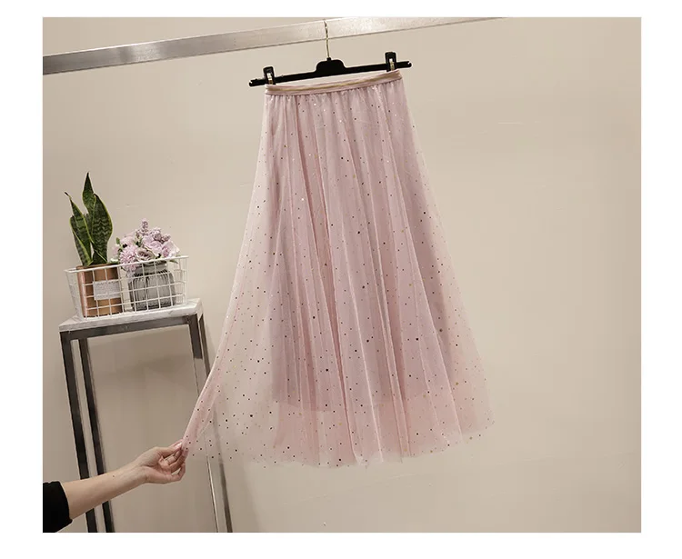 Sequin Star Mesh Dress Industrial Gauze Skirt Autumn And Winter Skirt Fairy Skirt CHIC Gentle Long Skirts