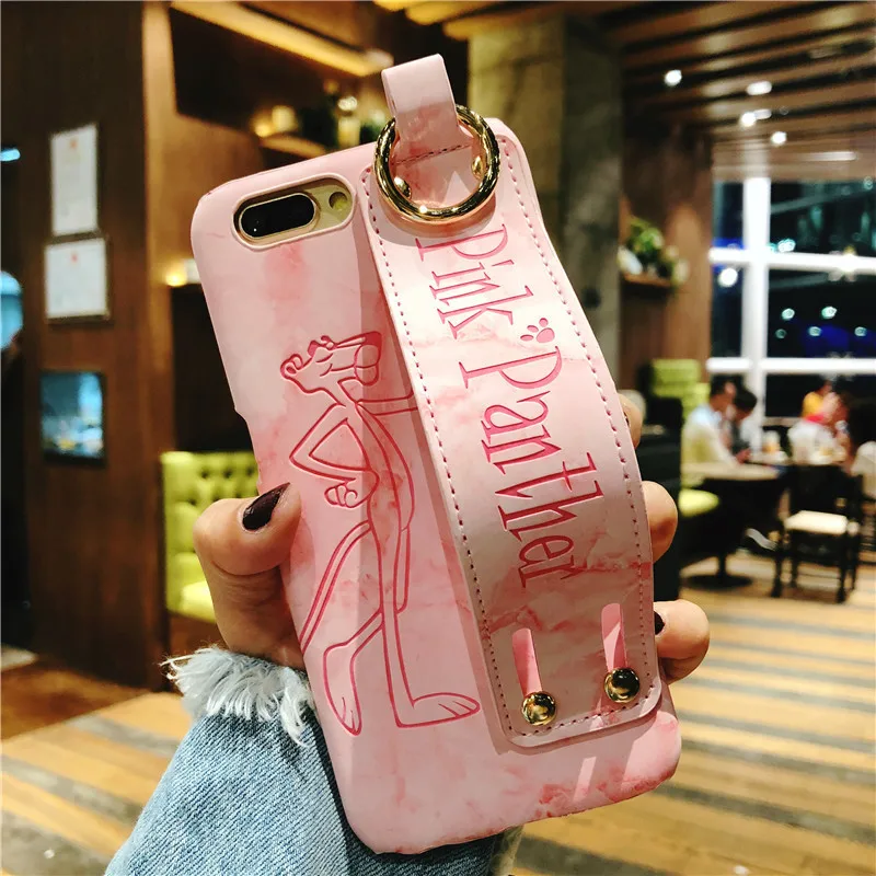 

For IPhone 8 7 6 6S Plus XS Girl Cute Cartoon Case Leather Stand Cover for Iphone X 7plus Luxury Brand Pink Panther Phone Case