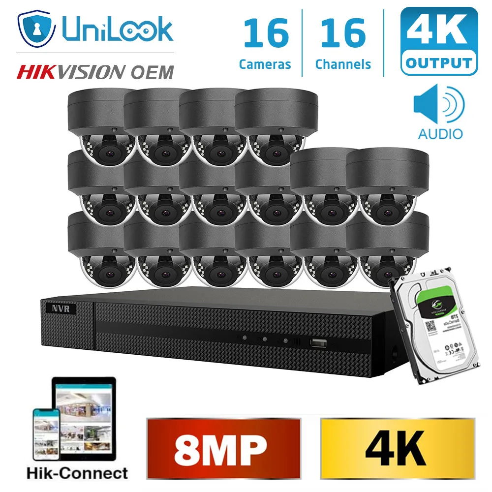 

UniLook H.265+ 16CH 8MP 4K POE NVR Kit CCTV System IR Outdoor Audio Video 4K Security Systems 2.8mm Wide angle HIK Connect