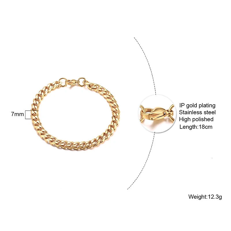 Men’s Bracelet Curb Cuban Link Chain Stainless Steel Mens Womens Bracelets Bangle Gold Tone No Fade 3mm to 11mm