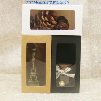 

7*7*14cm white/black/craft paper window box,black package paper gift /candy /wedding favor box with clear window
