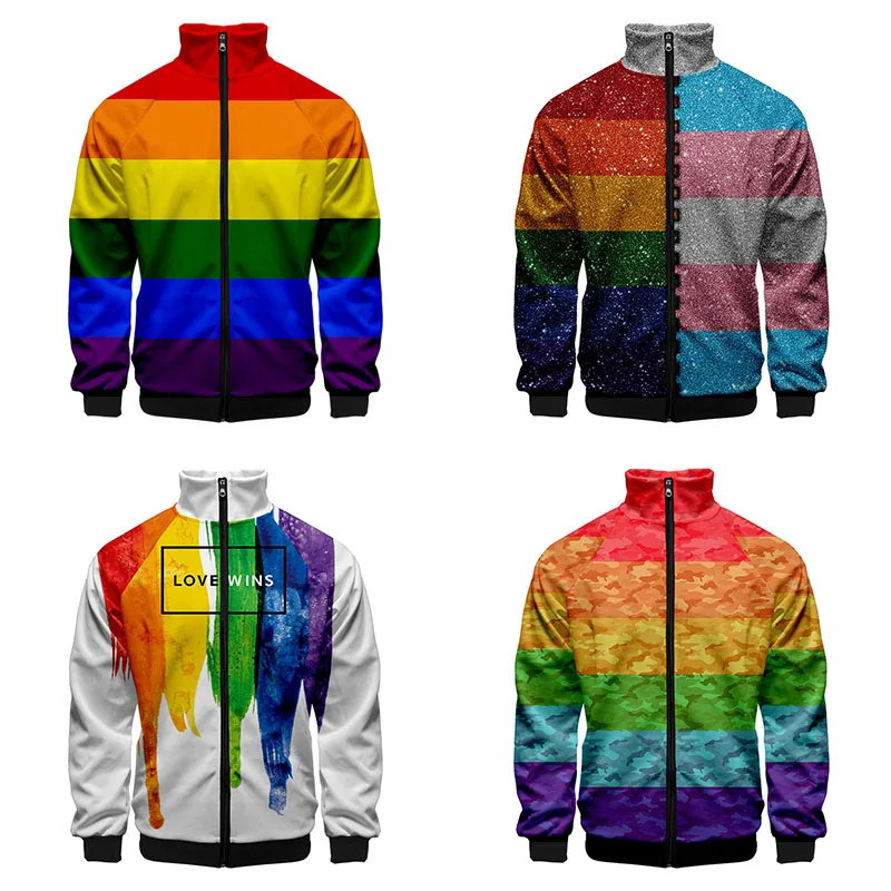New 3d Stand Collar LGBT Rainbow Flag Lesbians Gays Fashion Men Women Zipper Hoodies Jackets Long Sleeve Harajuku 3D Sweatshirt | Мужская