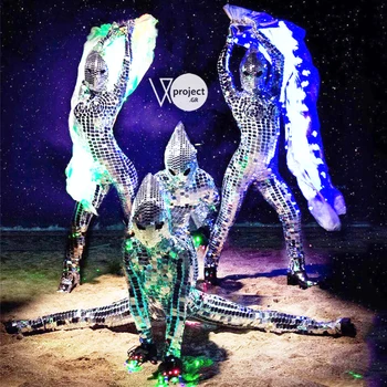 

European Clothing Stage Bodysuit Dance Mirror Costumes Silver Lens Dress Performance Rave Festival Outfit Men Womenswear VDB681