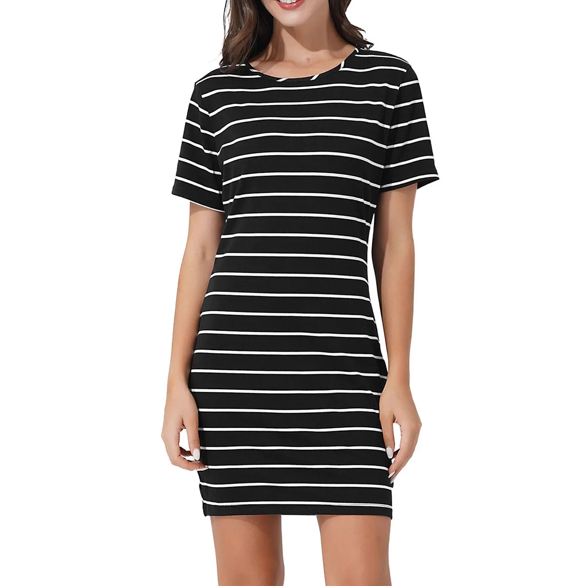Women Summer Short Sleeves Stripes Print Above Knee Length Slim Fit Nightgowns Sleepshirts