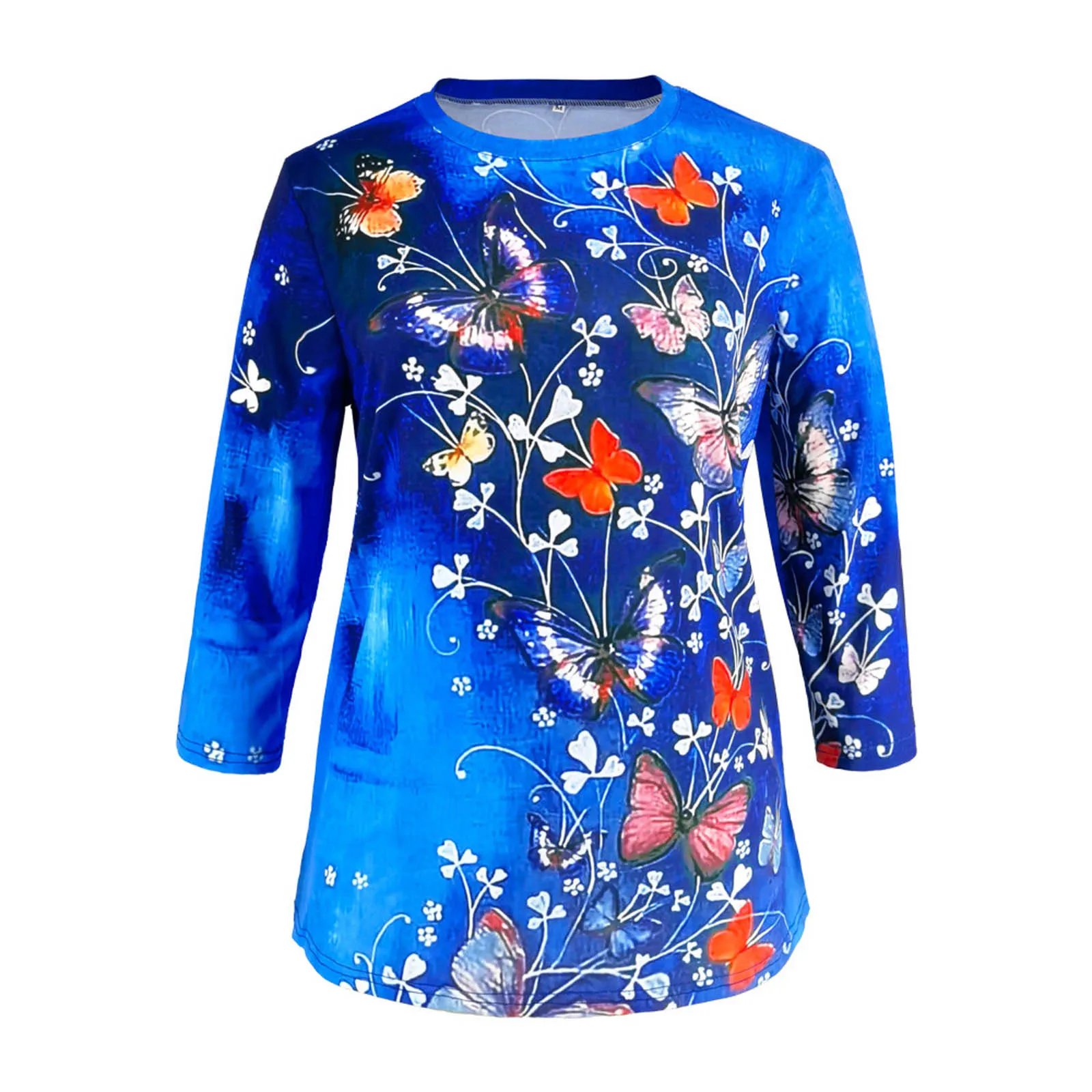 Fashion Women's Ladies Butterfly Printed T-shirt Mid-length Sleeves Crew-neck Casual Tee Tops Womens Graphic Female Tee T-shirt 2
