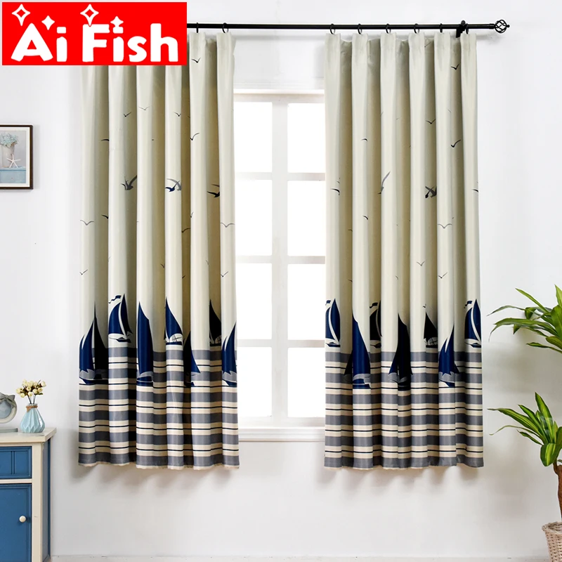 

Modern Mediterranean 200cm high Short Curtain Drapes Printed Shade Cloth Deep Blue Boat Curtain For Children's Bedroom pc007#50