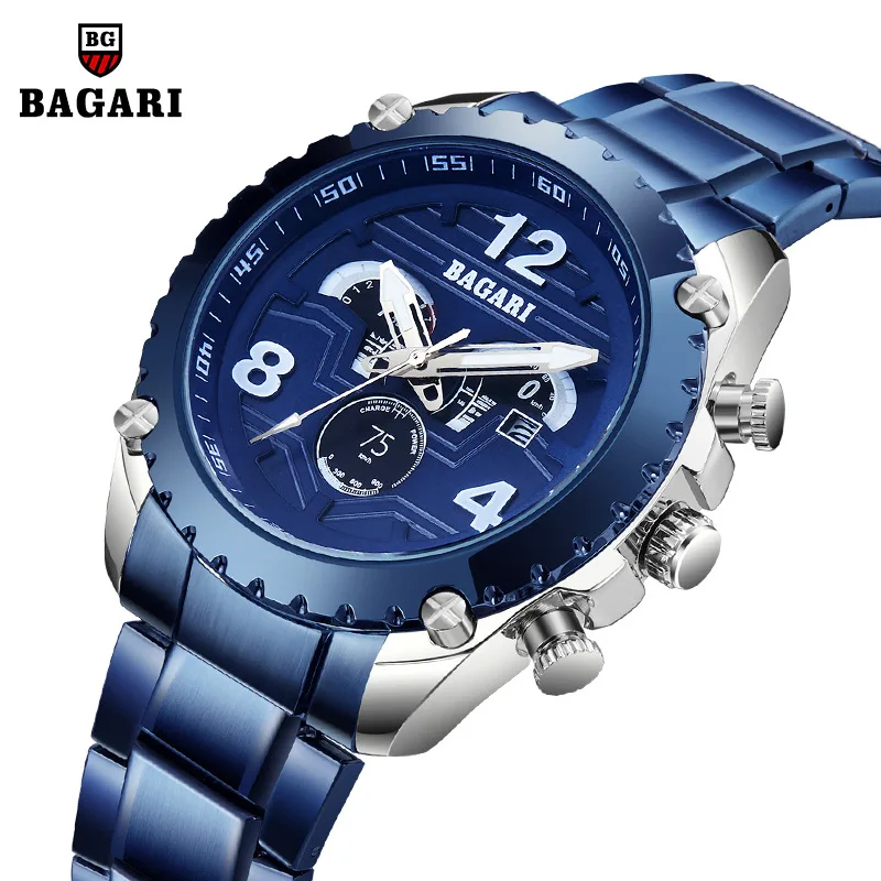 

Bagari Fashionable Watch Men New Style Steel Belt Quartz Watch Wristwatch Night Light Watch
