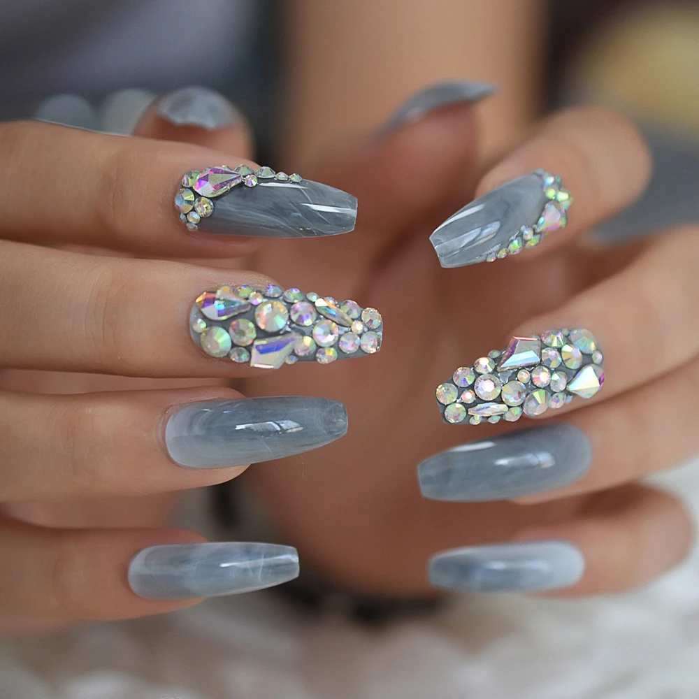 Мрамор искусственный Ongles розовый серый камни предварительно спроектированные Роскошные удлиненные форма гроба женские вечерние свадебные украшения, аксессуары