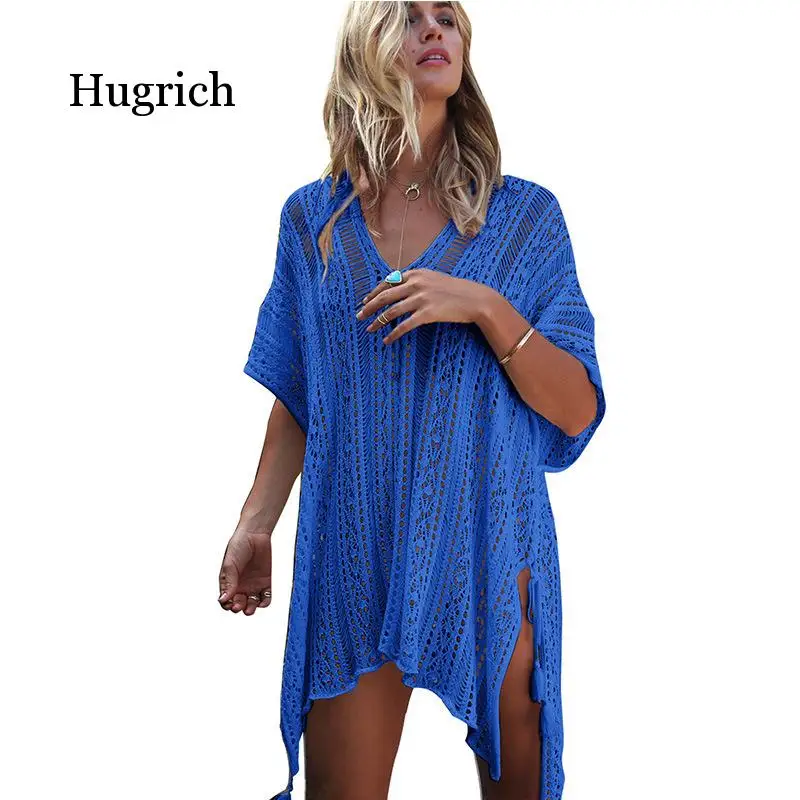 2021 Bikini Cover Up Solid Color Hollow Out Beach Resort Blouse Knitted Sunscreen Swimming Women's Smock
