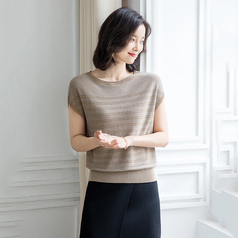 

Shiny Thread Knitted Pullovers Women Sweaters 2019 New Summer Short Sleeve O Neck Striped Pullover Pull Femme Woman Knit Top