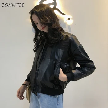 

Jackets Women Solid Pu Leather Jacket Female 2020 New Fashion Loose Pockets Streetwear Womens Stand Collar Simple Ladies Daily