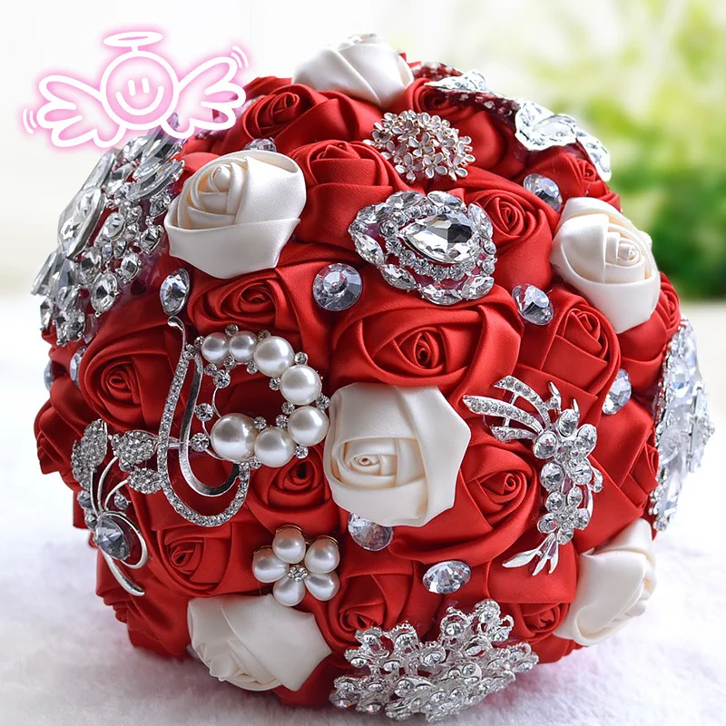 Hand made Elegant Decorative Artificial Rose Flower Rhinestone Bride Bridesmaid With Crystal Wedding Bouquet Flower Bruidsboeket