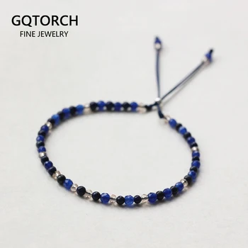 

Natural Lapis Lazuli Thin Bracelet For Women 3mm Small Beads Faceted Crystal 925 Sterling Silver Clasp Beaded Bracelet