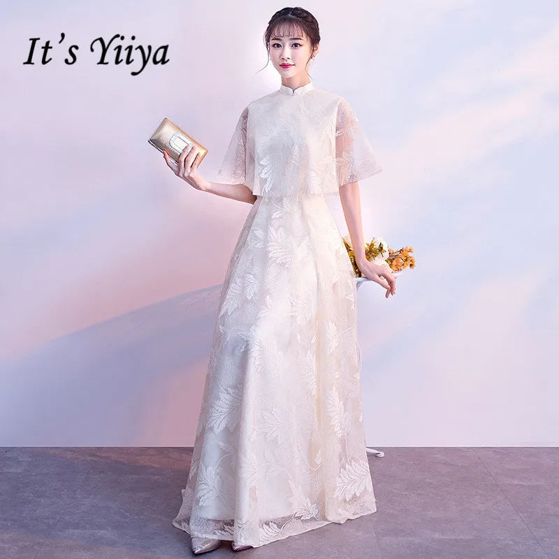 Bridesmaid Dresses It's Yiiya AR327 Elegant Cap Sleeve Wedding Party Dress A-Line High Collar Lace Bridesmaid Dress For Girls
