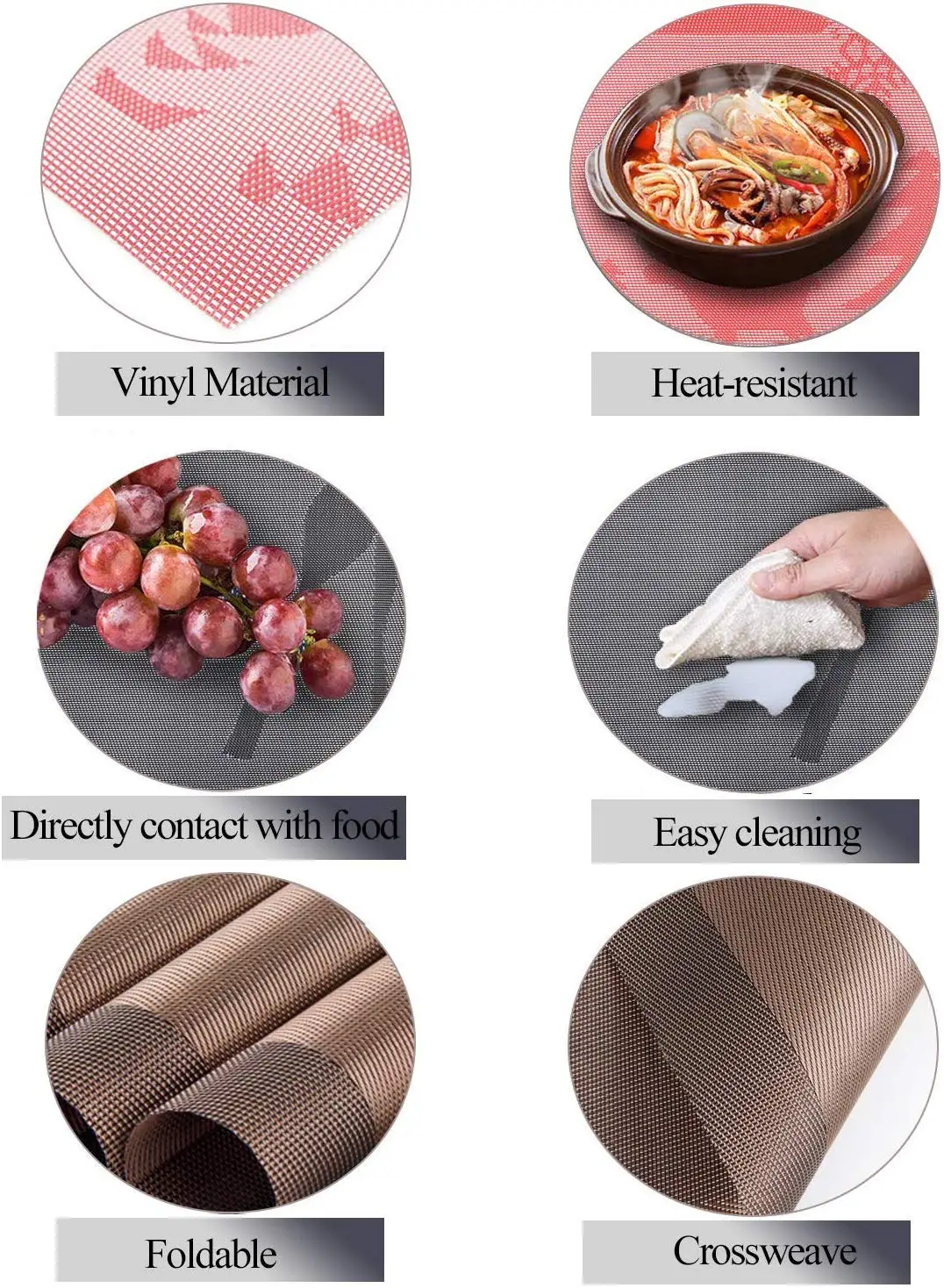 Placemats and Coasters Table Placemats,Set of 6 Placemats,Heat Resistant Heat Insulation Non-slip Washable Dinner Mats (Coffee)
