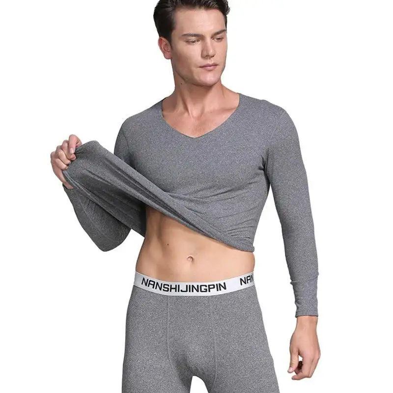 Plus Size 3XL 4XL Thermal Underwear For Male Solid Colour Autumn Winter Warm Long Johns Full Sleeve Thick Thermo Lingerie - Color: Gray 2
