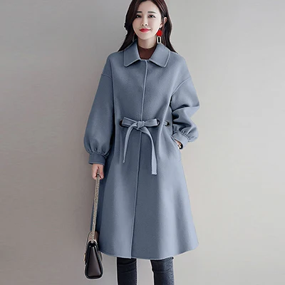 Зимнее пальто женское элегантное Отложное на шнуровке рукав-фонарик отбеленная шерсть пальто винтажная мода размера плюс для дам Куртка Верхняя одежда - Цвет: Blue