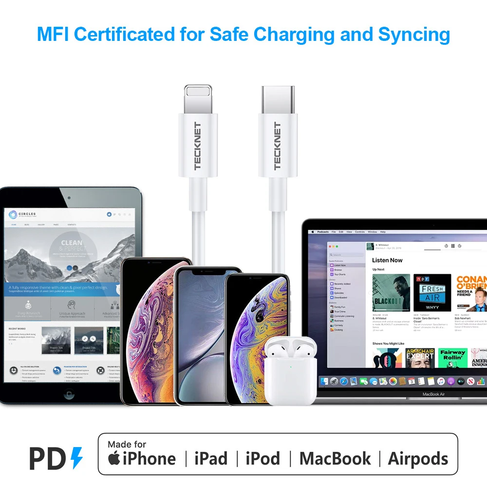 TeckNet 1 м usb type-C кабель для зарядки и передачи данных Lightning для iPhone Pro11 XS XR X 8Plus Быстрая зарядка USB C кабели для Macbook