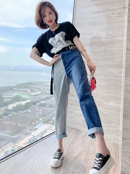 

Fashion Cartoon Bear Hot Drilling round Neckline T-shirt + Cool Contrasting Color Straight Jeans Suit Women's Fashion Summer New