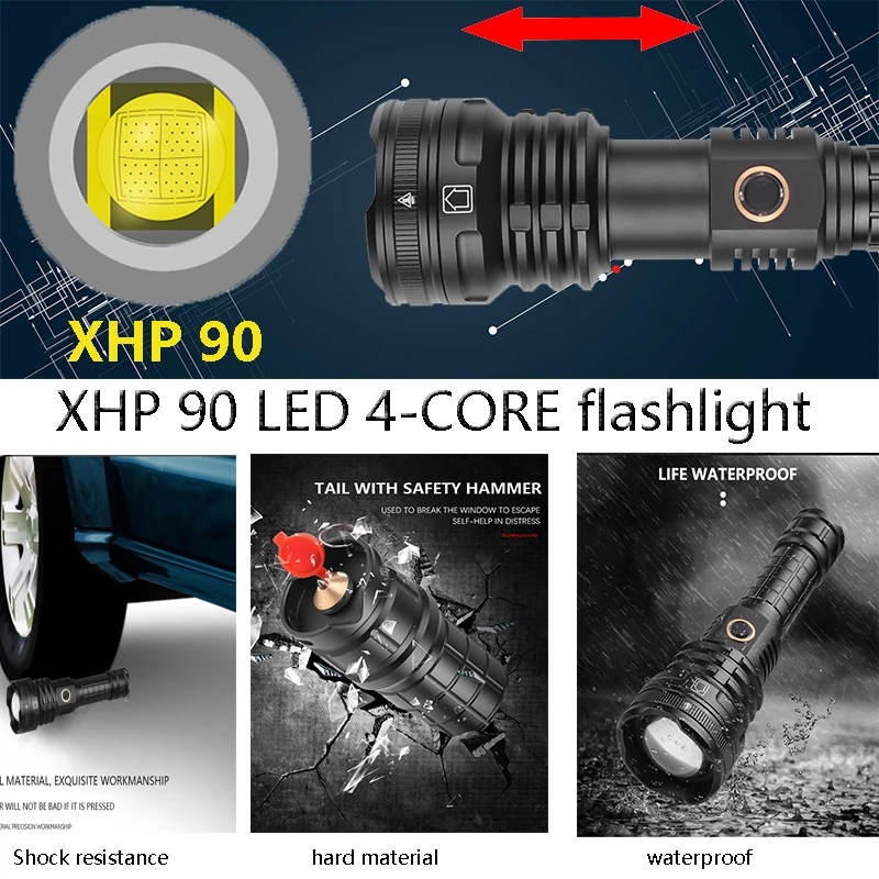 Портативный светодиодный фонарик XHP90 тактический Водонепроницаемый фонарь 5