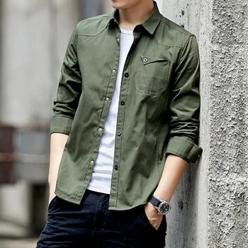

2019 New Cotton Military Shirt Men Long Sleeve Breathable Casual Shirt Man Solid Shirt with Camisa Masculina Khaki Army Green