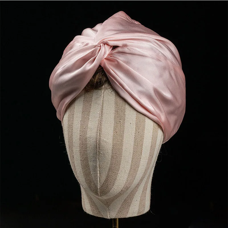 Double Layer 100% Real Silk Sleeping Caps Adiustable Knotted Women Night Bonnet Satin Hair Wrap Elastic Head Cover for Long Hair 6