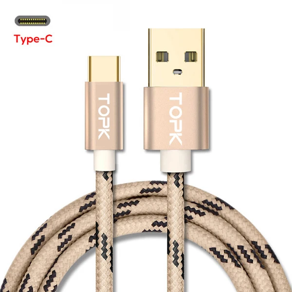 Золотой TOPK usb type C кабель, ультра прочный нейлоновый плетеный кабель для быстрой зарядки USB C для MacBookXiaomi 4C/Letv и т. Д - Цвет: Золотой