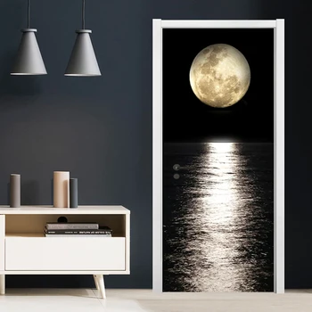 

PVC Door Sticker 3D Night Moon Sea Level View Door Decoration Living Room Dining Room Vinyl Door Murals Wallpaper 3D Door Poster