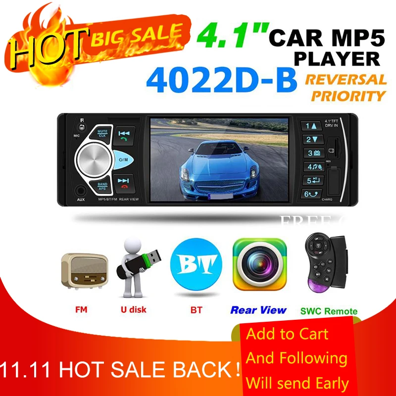 

4022D Car Stereo MP5 Player Bluetooth USB TF Card AUX Radio In Dash Receiver Supporting Reversing Image and Video Output