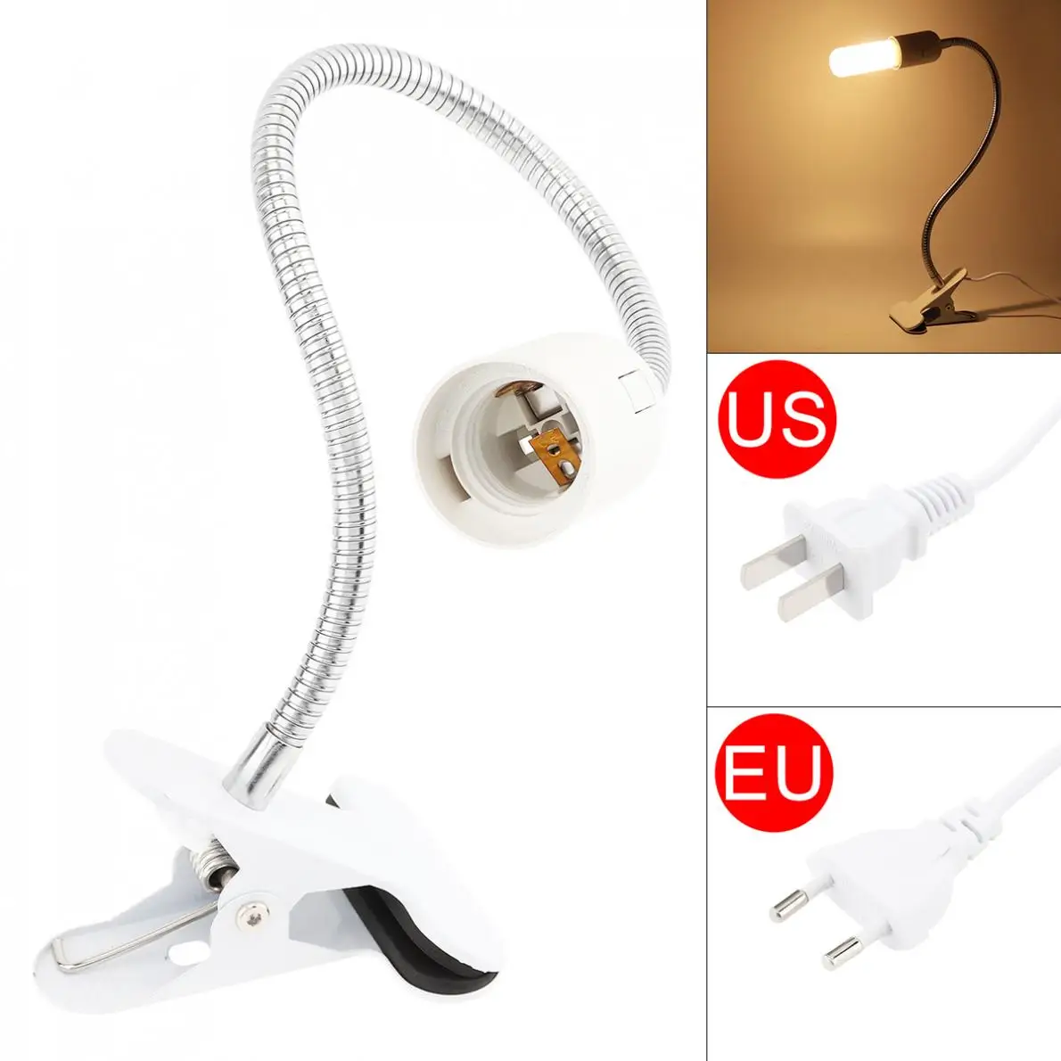 360 Degrees Lamp Holder Clip 50CM Flexible Clip on Switch LED Lamp Holder Socket with Metal Hose and 1.25M Wire