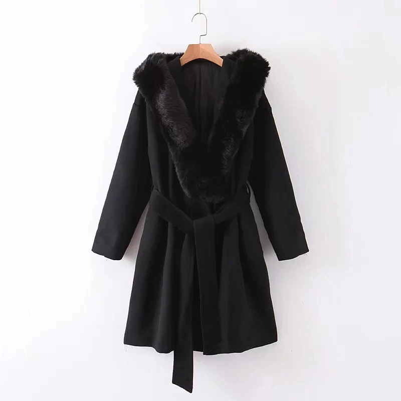 Увядшее зимнее длинное пальто для женщин, английский стиль, винтажное шерстяное пальто с воротником, с капюшоном, большие размеры, с поясом, толстое шерстяное пальто для женщин - Цвет: Черный