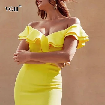 

VGH Yellow Sexy Party Dress For Women One Off Shoulder Patchwork Ruffles Sleeve High Waist Split Mini Dresses Female 2020 Style
