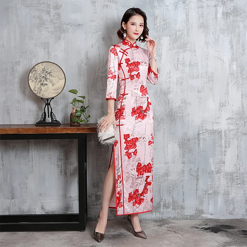 B Большие размеры 4XL 5XL осень новое Винтажное с рукавом три четверти Cheongsam сексуальное женское официальное длинное платье с цветочным принтом из вискозы Qipao - Цвет: B
