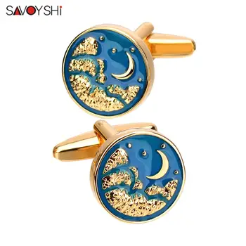 

SAVOYSHI Night starry sky Cufflinks for Mens Shirt Cuff Buttons with Blue Enamel Cuff links Brand Newest Design Free Engraving