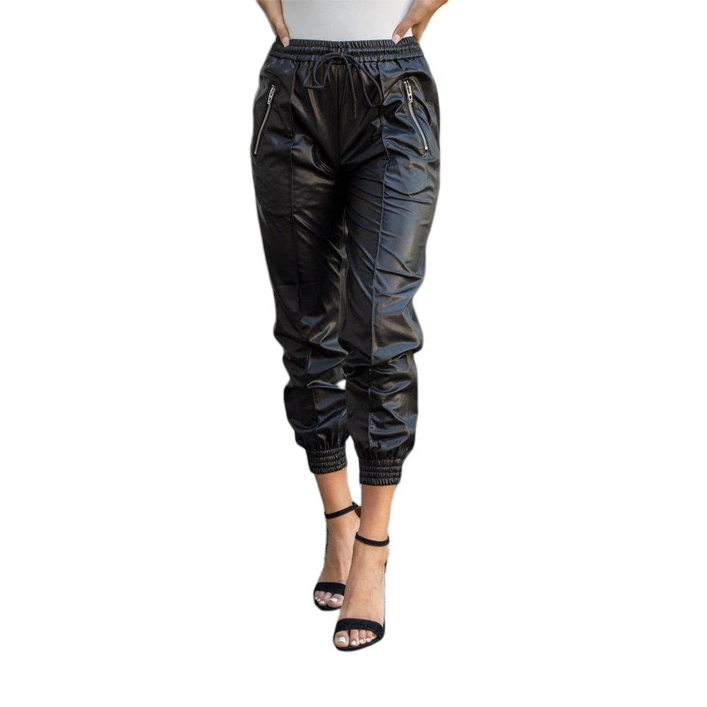 

Women High Waist PU Leather Harem Pants Casual Ladies Lace Up Drawstring Ankle Length Pants Black Trousers