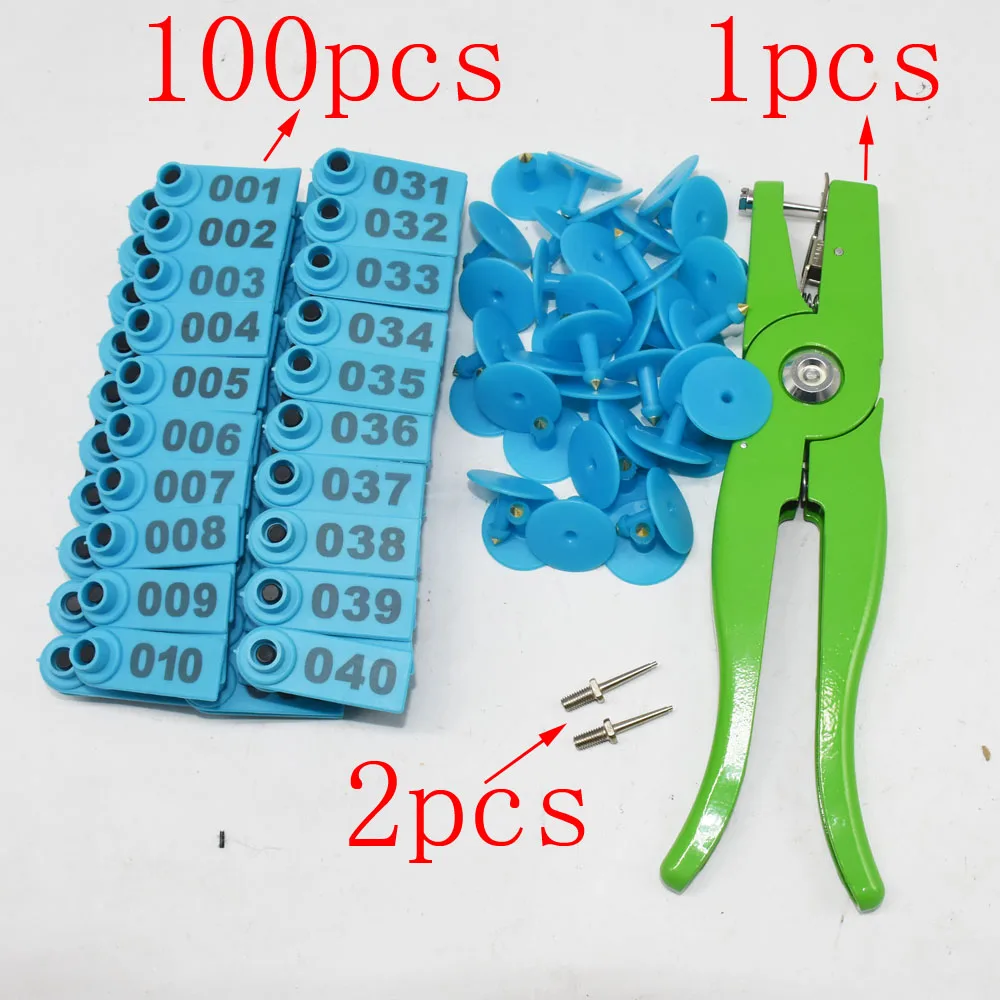 Ear Tag Sheep Marker Applicator 001-100 Ear Tags for Goat Identification Kit Tagger with 2 Pcs Pins Tag Pliers