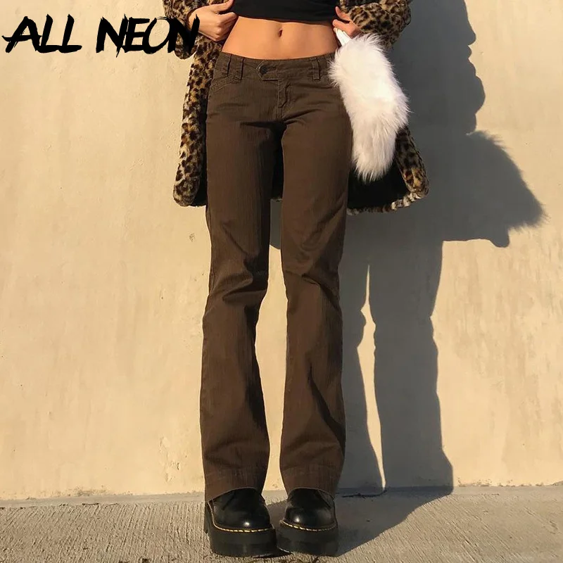 ALLNeon-ropa de calle de los 90, pantalones vaqueros de cintura baja, color marrón, estética independiente, Slim, recta, largos, Y2K, pantalones clásicos, Skater