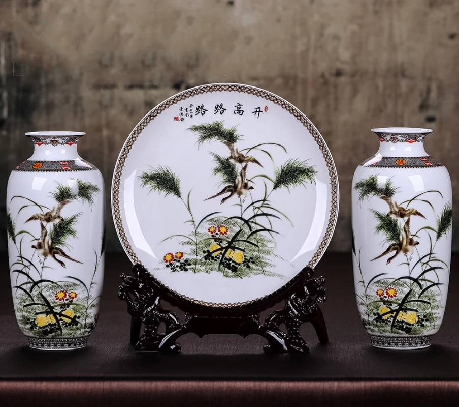 1 комплект современный китайский дзиндэжэнь настольная декоративная ваза для цветов и тарелка с подставкой керамическая ваза декорация фарфоровая ваза - Цвет: 01