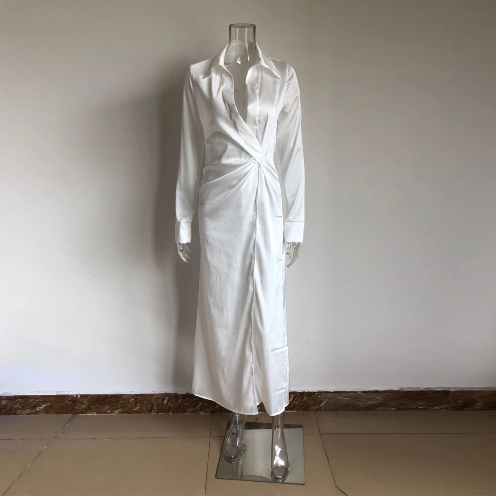 KGFIGU новая однотонная блузка с разрезом осеннее платье-рубашка женские сексуальные макси Длинные свободные платья белые атласные шелковые свободные платья